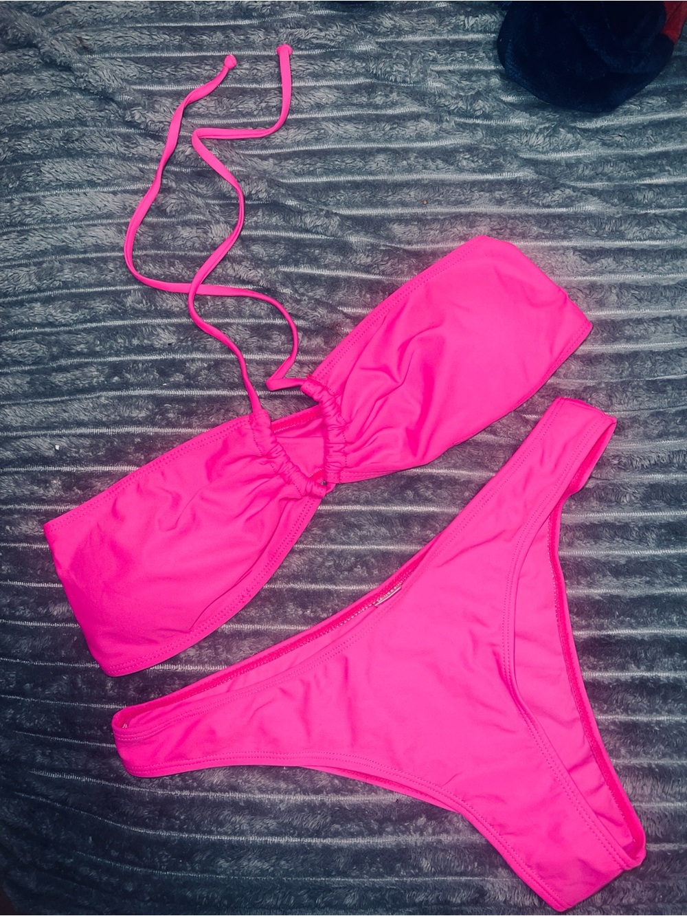 Neon Pink Bandeau Bikini Set with Removable Halter Strap